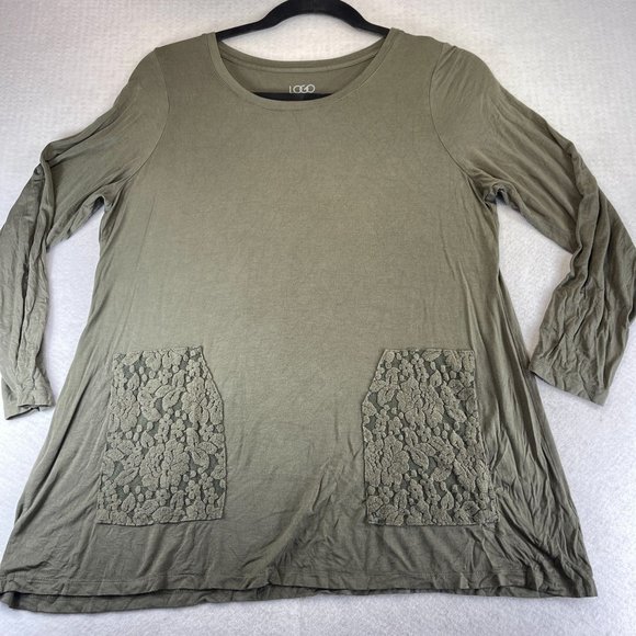 LOGO Lori Goldstein Tops - LOGO Lori Goldstein Womens 1X Khaki Green Lace Pockets Shirt Long Sleeves